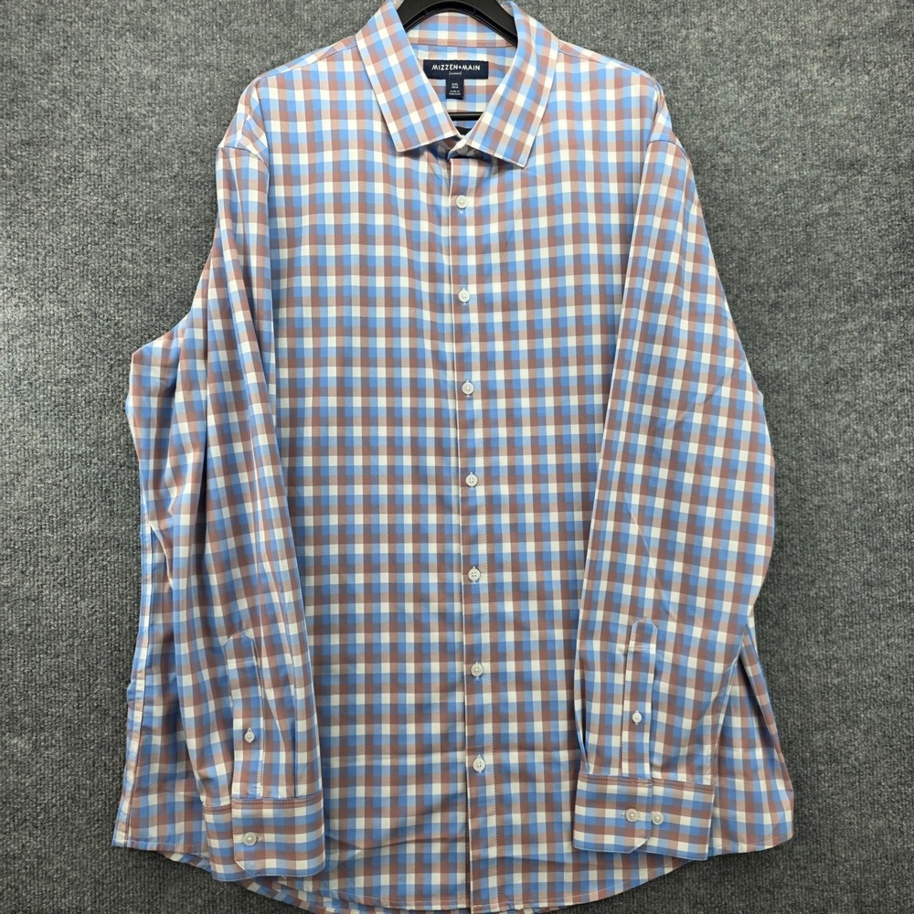 Mizzen+Main Leeward Blue Brown Gingham Trim Fit Performance Dress Shirt XXL